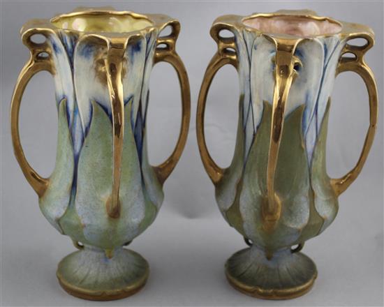 A pair of Art Nouveau period Amphora vases, possibly designed by Paul Dachsel, 24.5cm